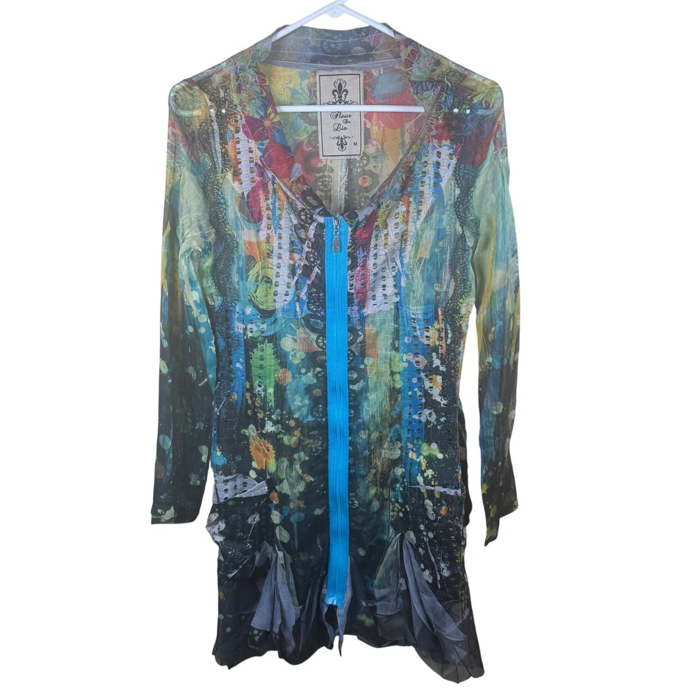 Fleur de Lis Mesh Abstract Art Print Zip Front Tunic Top Women Medium Y2K Boho
